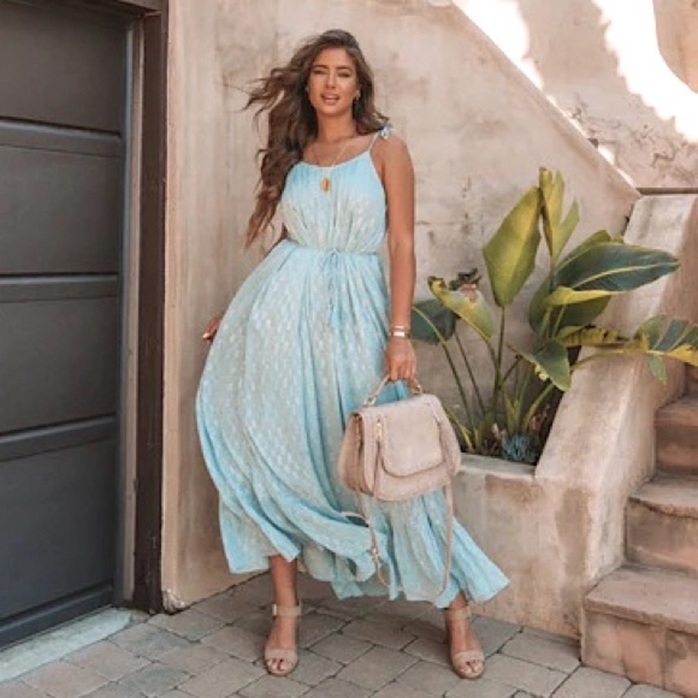 Lovestitch Womens Maxi Dress M Blue Metallic‎ Beach Fairy Flowy Baby Shower